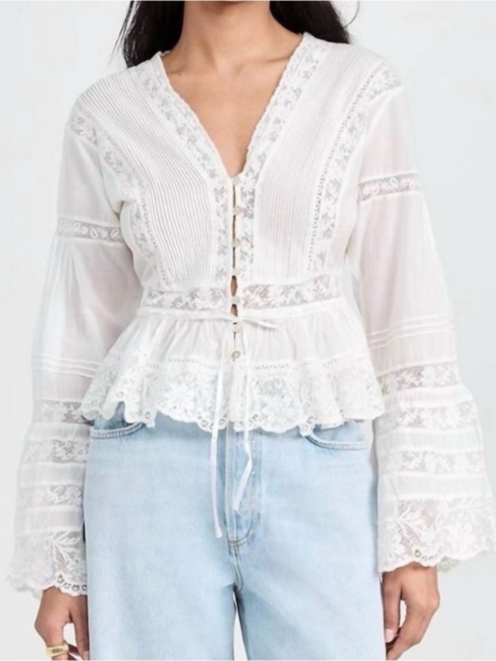 Loveshackfancy bell sleeve White Lace Peplum V-Neck Top 6